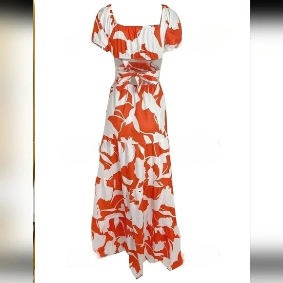 Graphic Print Off Shoulder Cut Out Waist Ruffle Hem Dress - Picture 3 of 3